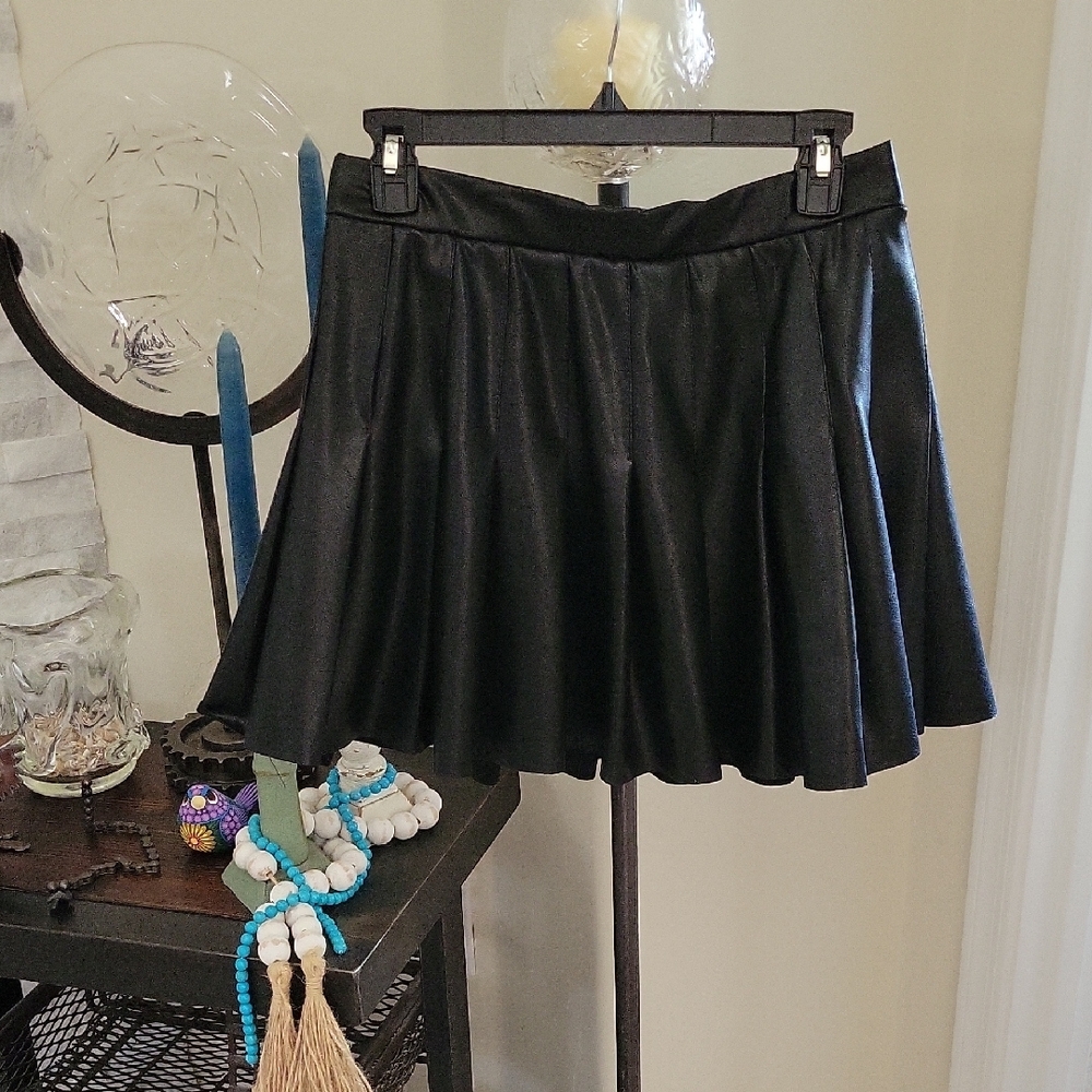 BBJ Los Angeles, Black, Faux Leather, Mini Pleated Skater Skirt.